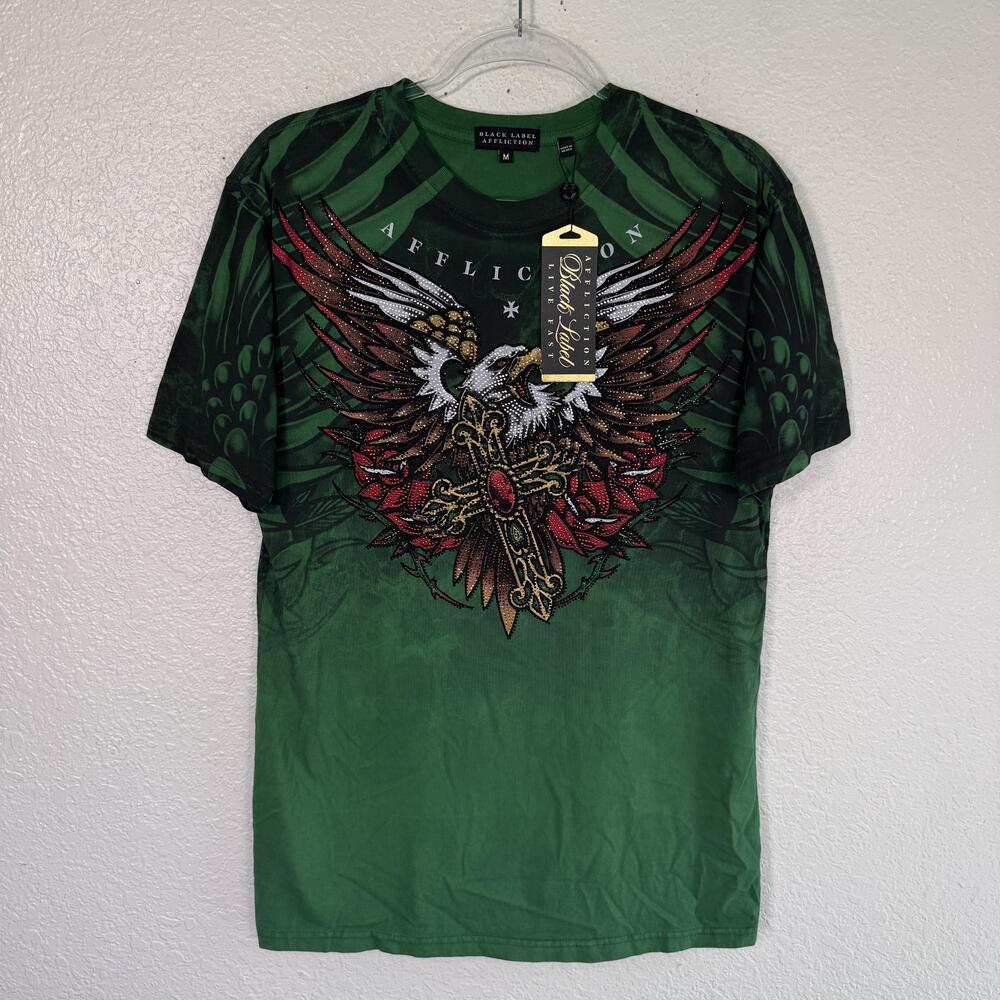 Affliction Shirt Mens Medium Eagle Cross Rhinestone Graphic Grunge Y2K Green NEW